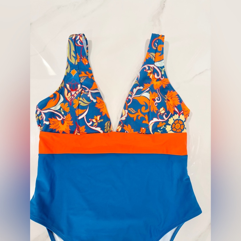 Floral Color Block One Piece Deep V Medium Spring Break Padded Bathing Swimsuit - Picture 3 of 8